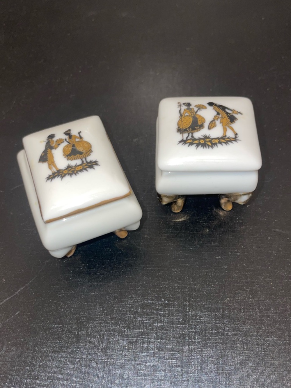 Vintage Porcelain Pill Boxes Trinket Boxes Baroque Dancers Victorian Black Gold